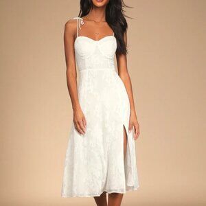 NWOT Lulus Loveliest Looks White Floral Jacquard Tie-Strap Midi Dress